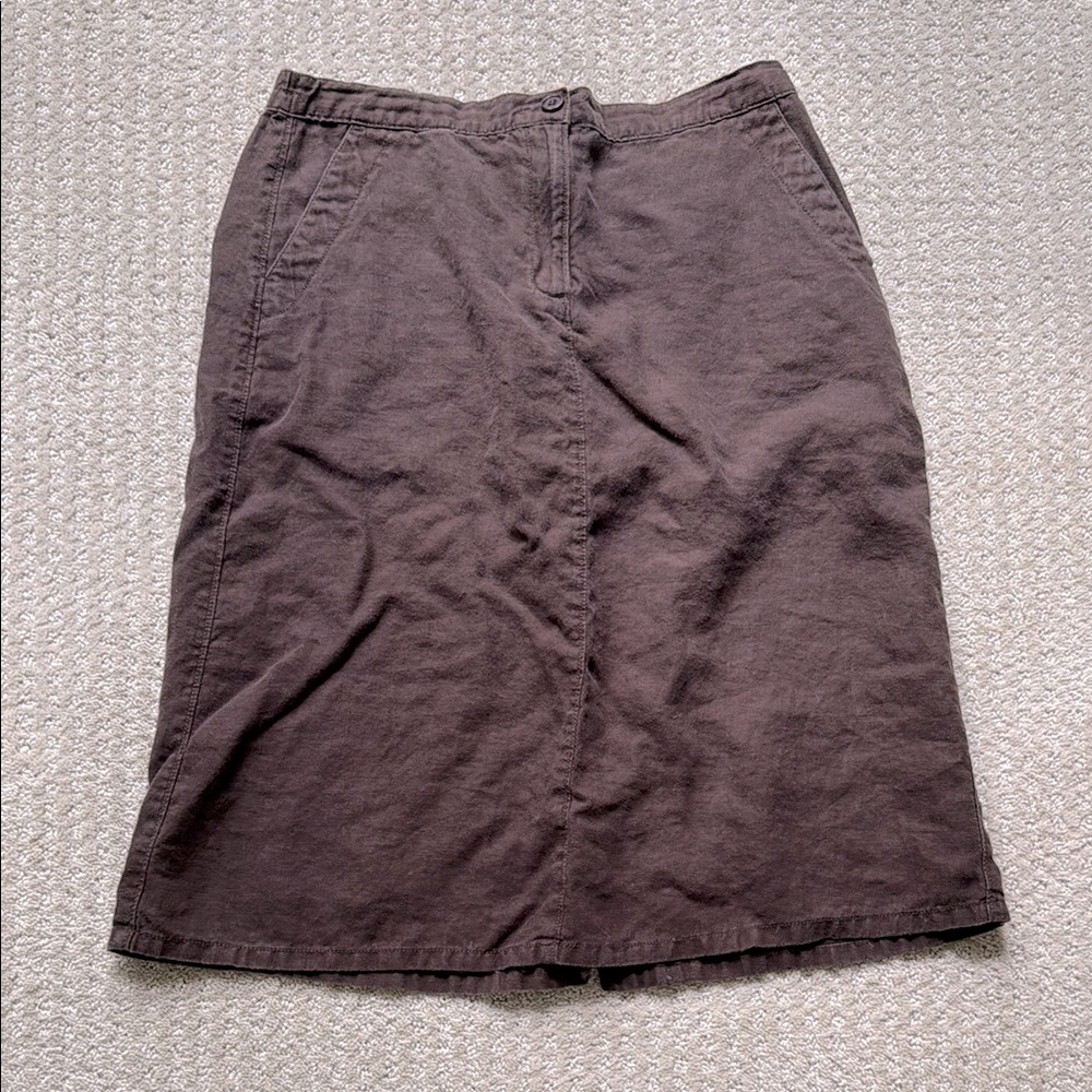 L.L. Bean | 100% Linen Classic Fit Straight Midi Skirt in Brown | Size 12 Petite
